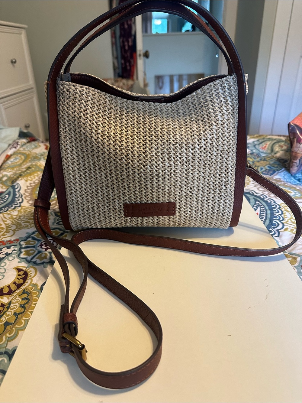 American Leather Co. Triple Entry Raffia & Leather Satchel Handbag Purse